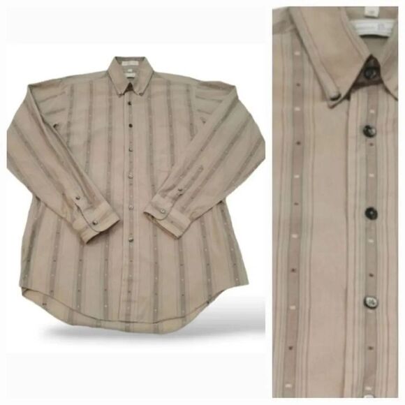 Vintage Christian Dior Embroidered Square Striped Button Down Tan Shirt Size Med - Picture 1 of 9